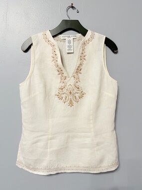 #17)  Josephine Chaus Cream 100% Linen Sleeveless Top with Gold Embroidery